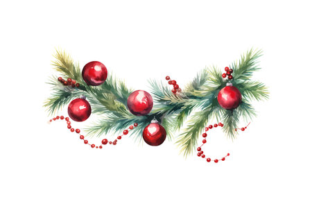 Watercolor Christmas Garland with Red Baubles. Vector illustration design.のイラスト素材