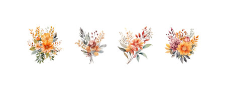 Warm Toned Watercolor Floral Arrangements Set. Vector illustration design.のイラスト素材