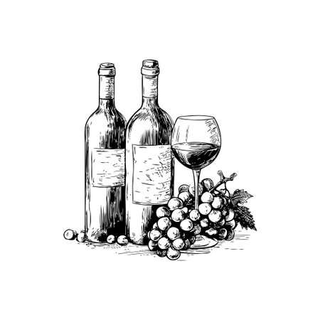 Vintage Wine Bottles and Glass Sketch Hand drawn style. Vector illustration designのイラスト素材