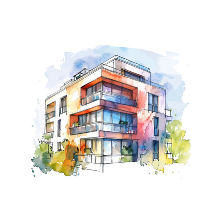 Watercolor Sketch of Stylish Urban Residence. Vector illustration design.のイラスト素材