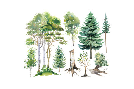 Assorted Trees Watercolor Illustration in Nature. Vector illustration design.のイラスト素材
