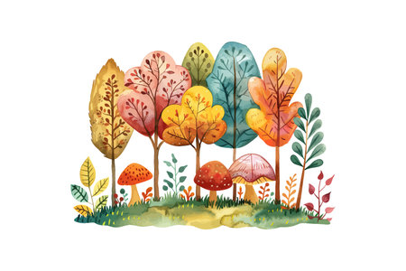 Autumnal Watercolor Trees with Forest Floor Details. Vector illustration design.のイラスト素材