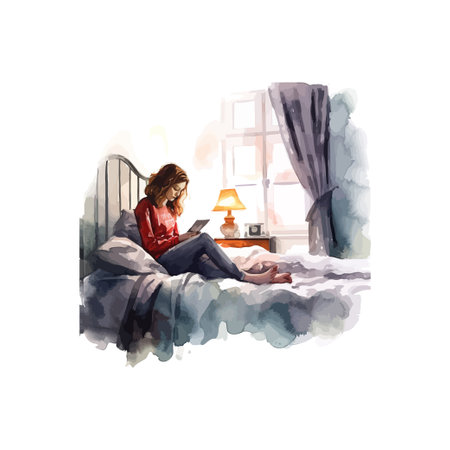 Casual Reading Time in Bedroom Watercolor Scene. Vector illustration design.のイラスト素材