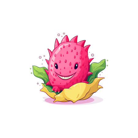 Cheerful Dragon Fruit Character with Leaves. Vector illustration design.のイラスト素材