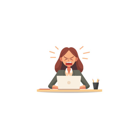 Frustrated Businesswoman Yelling at Laptop. Vector illustration design.のイラスト素材