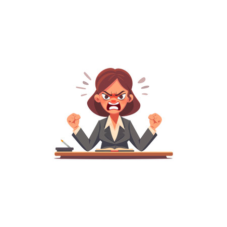 Angry Businesswoman Clenching Fists at Desk. Vector illustration design.のイラスト素材