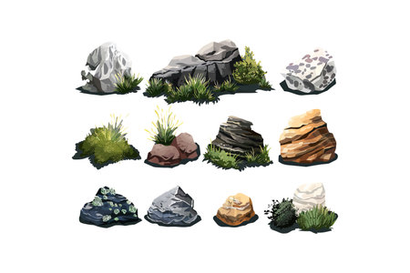 Collection of Various Rocks and Plants. Vector illustration design.のイラスト素材