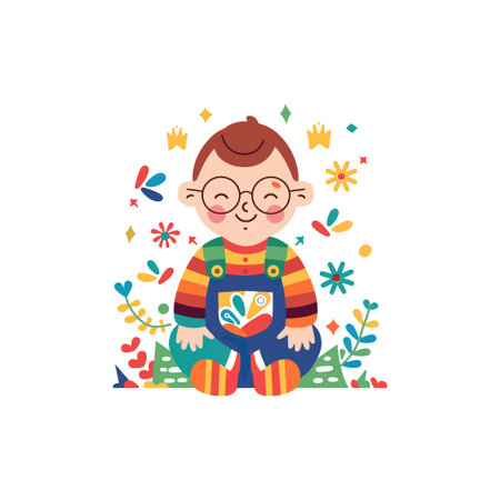 Joyful Child in Glasses Reading a Book. Vector illustration design.のイラスト素材