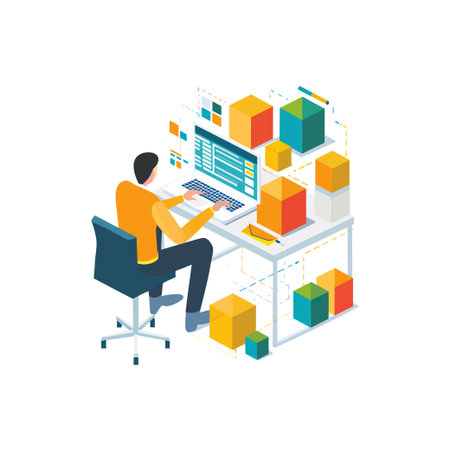 Man Working on Computer with Data Blocks. Vector illustration design.