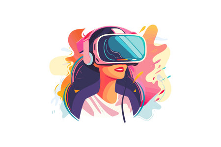 Vibrant Abstract Illustration of Woman Wearing VR Headset. Vector illustration design.のイラスト素材