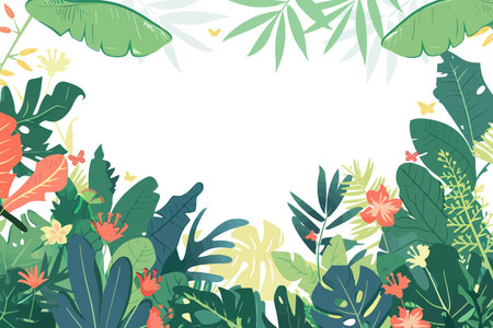 Tropical Jungle Border with Leaves and Flowers. Vector illustration design.のイラスト素材