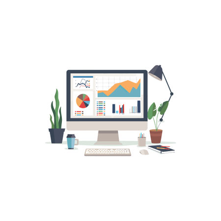 Modern Workspace with Computer and Charts. Vector illustration design.のイラスト素材