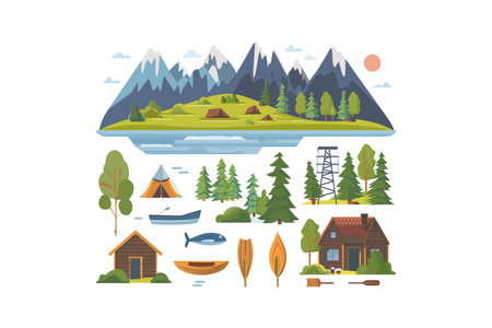 Mountain Camping Scene with Outdoor Activities. Vector illustration design.のイラスト素材
