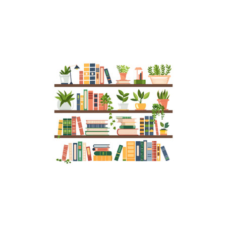 Bookshelf with Books and Indoor Plants. Vector illustration design.のイラスト素材