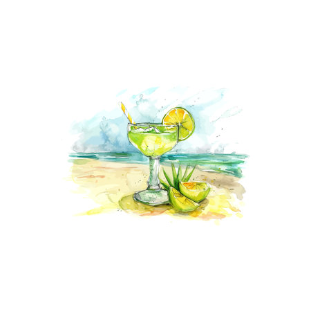 Watercolor Margarita on Beach Scene. Vector illustration design.のイラスト素材