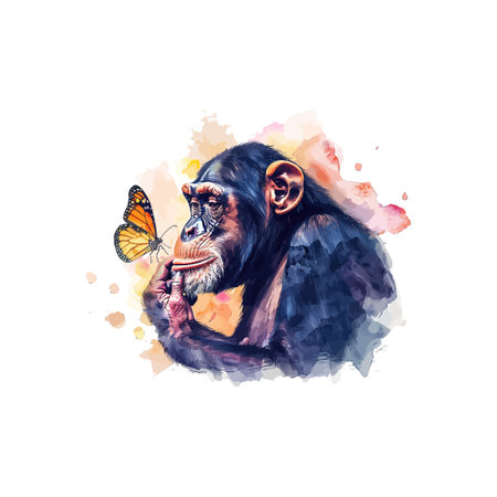 Watercolor Chimpanzee with Butterfly. Vector illustration design.のイラスト素材