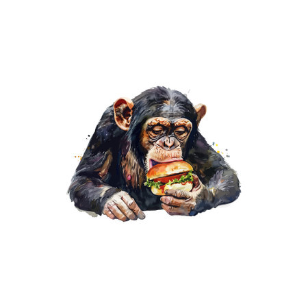 Watercolor Chimpanzee Eating Burger. Vector illustration design.のイラスト素材
