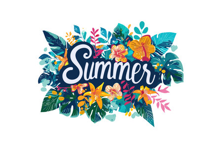 Vibrant Summer Text with Tropical Flowers. Vector illustration design.のイラスト素材