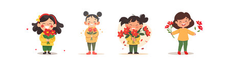 Happy Kids Holding Flowers. Vector illustration designのイラスト素材