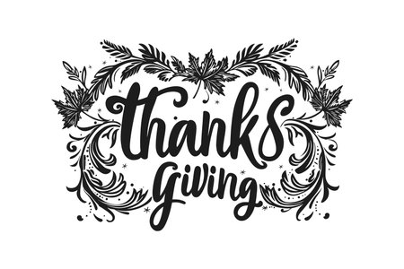 Thanksgiving Calligraphy with Ornate Leaf Border. Vector illustration design.のイラスト素材