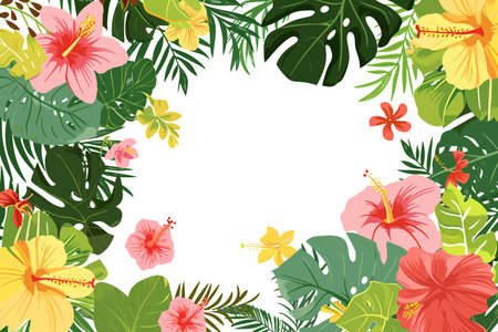 Colorful Tropical Floral Frame with Hibiscus. Vector illustration design.のイラスト素材