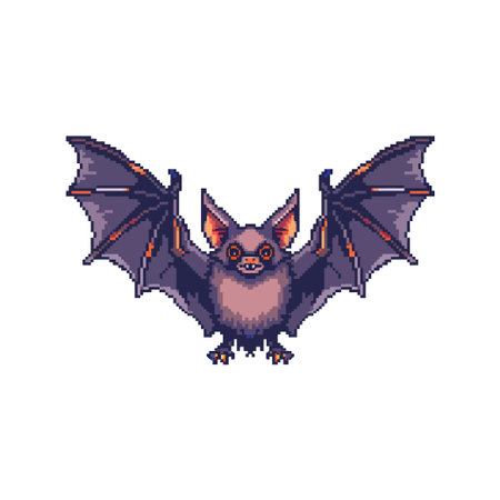 Pixel art flying bat with open wings. Vector icon design.