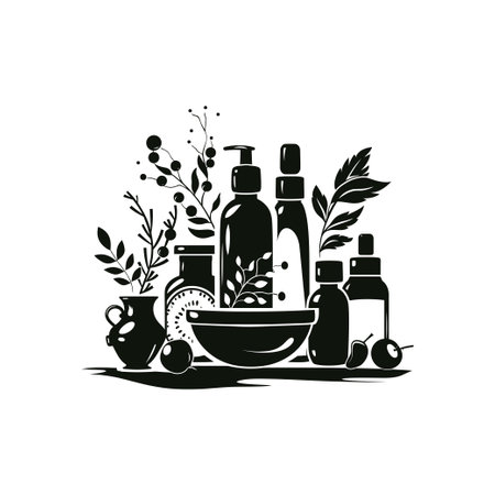 Black and White Herbal Beauty Products. Vector illustration design.のイラスト素材