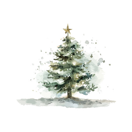 Watercolor Christmas tree with falling snow. Vector illustration design.のイラスト素材