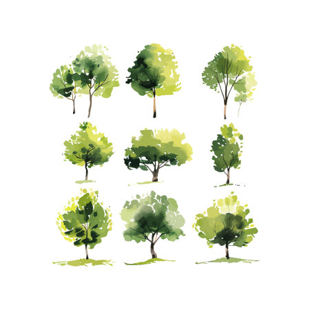 Watercolor set of various green trees. Vector illustration design.のイラスト素材