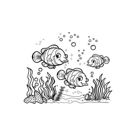 Cartoon Clownfish Family Swimming Underwater Scene. Vector illustration design.のイラスト素材