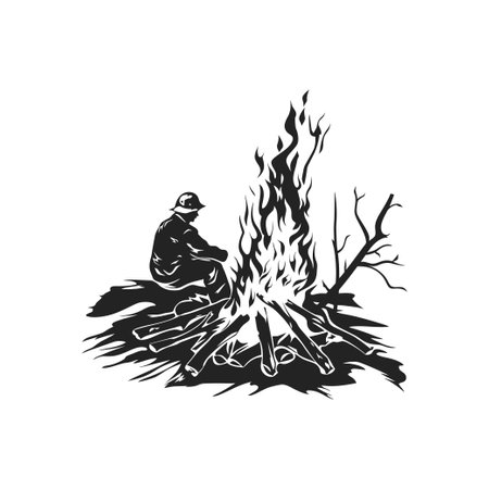 Silhouette of Person Sitting by Campfire in Wilderness. Vector illustration design.のイラスト素材