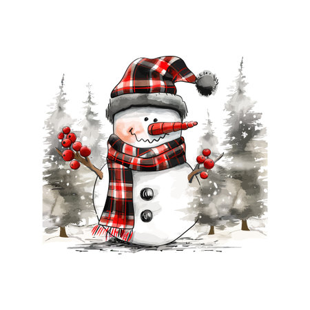 Cheerful Snowman in Plaid with Red Berries in Snowy Forest. Vector illustration design.のイラスト素材