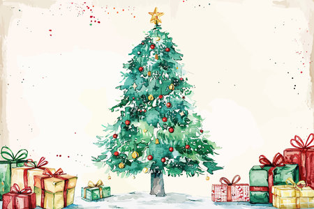 Decorated Christmas Tree with Colorful Gift Boxes. Vector illustration design.のイラスト素材