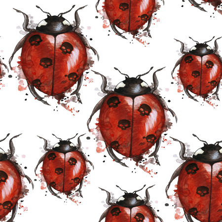 Watercolor drawing of an insect ladybird in a heluin theme with black skulls on the back with splashes on a white background, horror story, predominates red and black color, seamless patternの写真素材