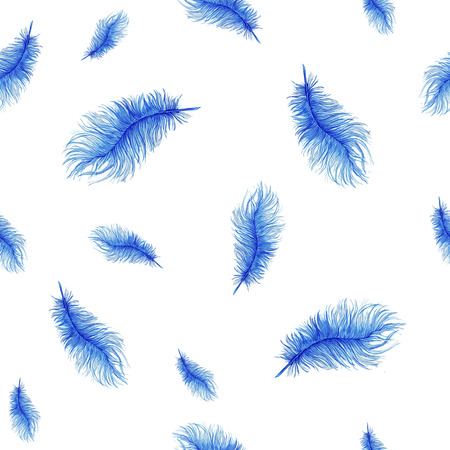 Watercolor pattern, background, seamless pattern, feathers, blue feathers, for halloween, ostrich feathers on white background, for graphics and decorの写真素材