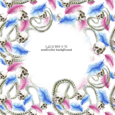 Watercolor drawing, frame for decoration, pattern, human skull for Halloween with pearl decorations and ostrich feathers of pinkの写真素材