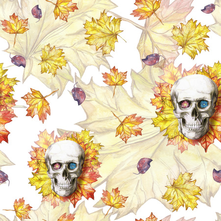 Watercolor drawing seamless background human skull for halloween with autumn yellow leaves and flowers in the eye sockets for print, decor on a yellow backgroundの写真素材
