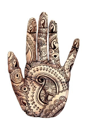 Watercolor drawing of a human hand, palms with a mehendi knot, Indian pattern, on the theme of holi, for decor and cards on a white background, printの写真素材