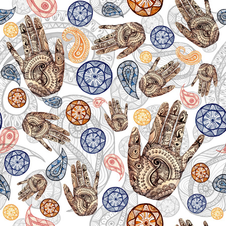 Watercolor seamless pattern on Indian theme, turkish cucumber in red and orange colors with human hands, palms with a pattern of mehendi, for decorating walls, fabric, printed productsの写真素材