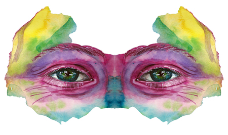 Watercolor drawing of a man's head smeared in paint, multi-colored face, portrait, opened eye, glare on iris eyes, on holiday holi, indian holiday, white background for decoration and decorationの写真素材