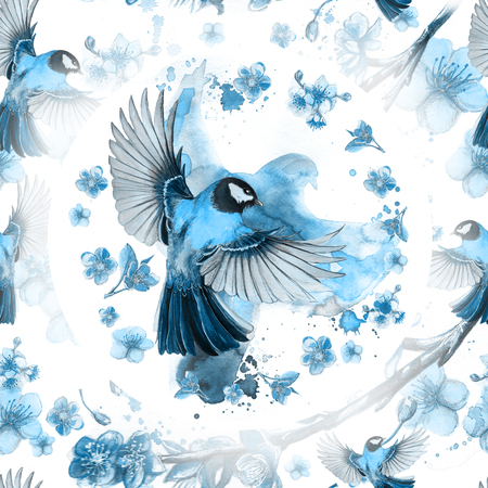 watercolor drawing seamless pattern on the theme of the spring, heat, illustration of a bird of a troop of passerine-shaped large tits flying, with open wings, feathers, with yellow breast and blue plumagの写真素材