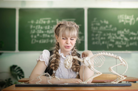 Schoolgirl and the skeleton of an animal on the biologyの写真素材