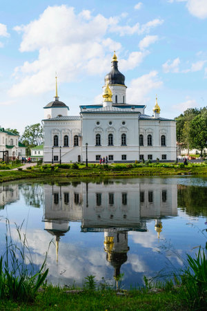 Russian Orthodox Church of the Spaso-Elizarovsky monastery in summer Sunny evening
