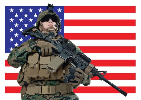 illustration of an american soldier in front of the USA flagのイラスト素材