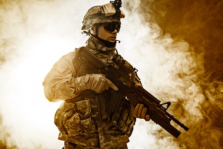 United States paratrooper airborne infantry in the smokeの写真素材