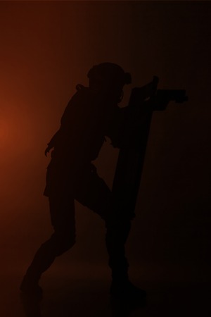 Spec ops police officer SWAT with ballistic shield studio shotの写真素材