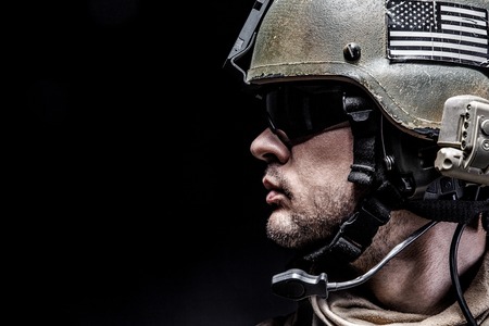 United states Marine Corps special operations command Marsoc raider. Studio shot of Marine Special Operator black backgroundの写真素材