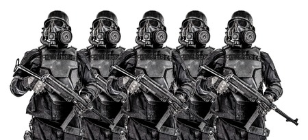 Line of futuristic nazi soldiers in gas mask and steel helmet with schmeisser handgun isolated on...