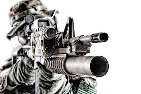 Aiming commando shooter isolated studio portrait whiteの写真素材
