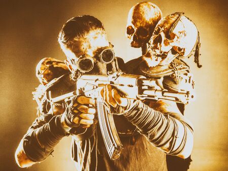 Post apocalyptic survivor, radioactive zone stalker, crazy serial killer or maniac in glasses and...